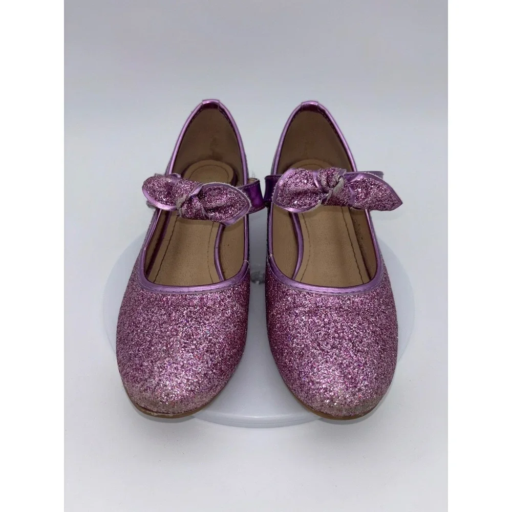 GLITTER MARY JANE SHOES Girls Purple Bow Sparkle Heel Party Daddy Daughter Dance